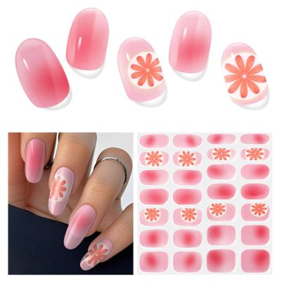Semi Cured Gel Nails Strips, 28 pcs Gel Nail Stickers Work with Any UV Lamp, Nail Wraps for Women Girls Home DIY Nails Art (Summer Ice Orange)
