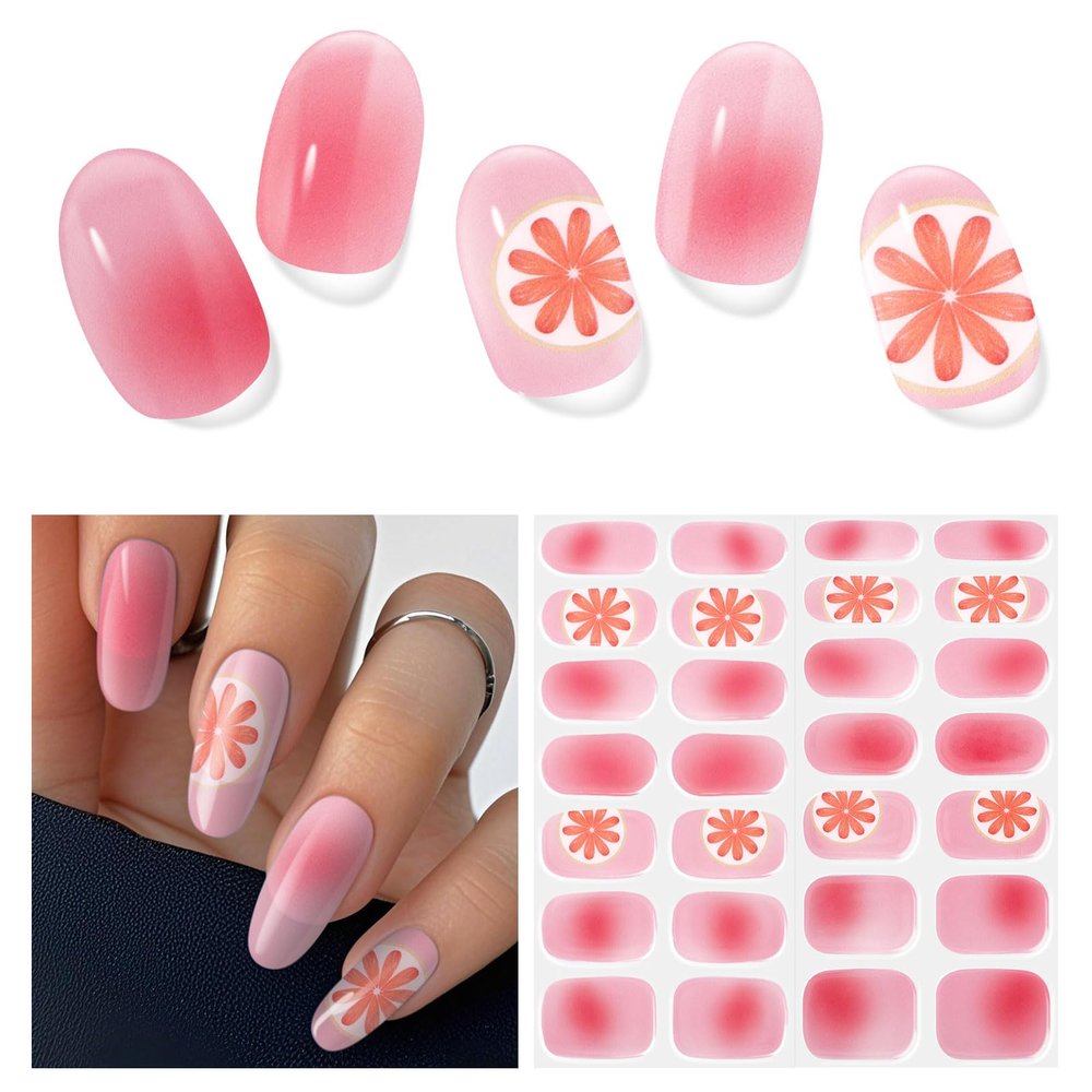 Semi Cured Gel Nails Strips, 28 pcs Gel Nail Stickers Work with Any UV Lamp, Nail Wraps for Women Girls Home DIY Nails Art (Summer Ice Orange)
