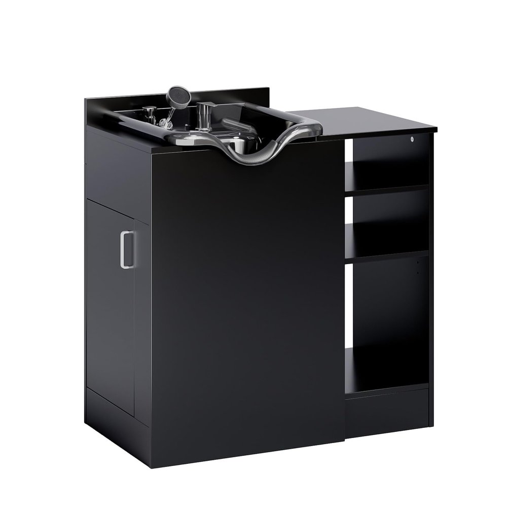 OmySalon Shampoo Bowl with Cabinet, Portable Salon Hair Washing Station with Adjustable Shelf, UPC Certified Faucet, Freestanding Backwash Sink for Barber, Beauty Salon, Spa