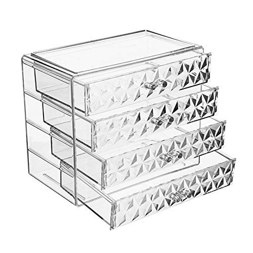 5sssallefaa Bathroom countertop Dressing Table Makeup Storage Makeup Organizer Diamond Pattern Jewelry and Cosmetic Boxes Including 4 Drawers Clear Acrylic