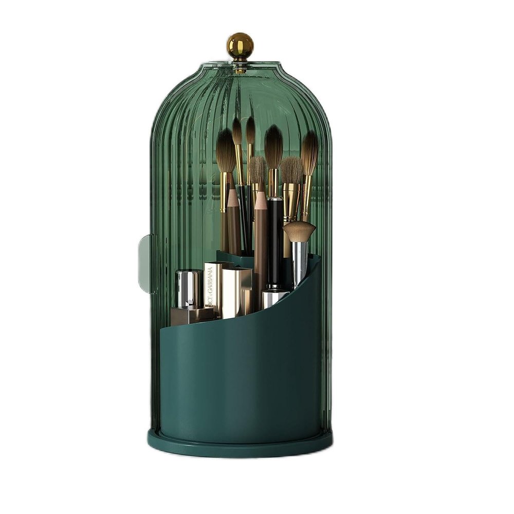 5sssallefaa Makeup Brush Holder Organizer with Lid 360 Rotating Makeup Organizer Countertop Dustproof Cosmetics Organizer for Vanity Bathroom, Transparent (All Green)