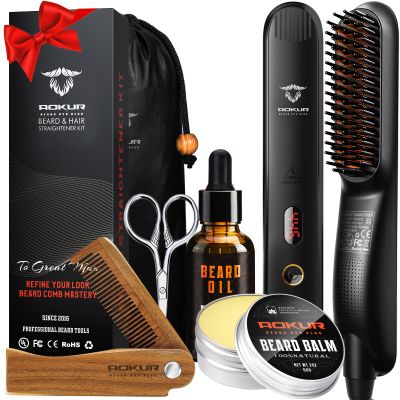 Beard Straightener for Men 5-Temp Heated Brush with Anti-Scald Tech Grooming Kit with Sandalwood Comb, Balm, Oil & Scissors Gifts for Fathers Day, Anniversary & Birthdays