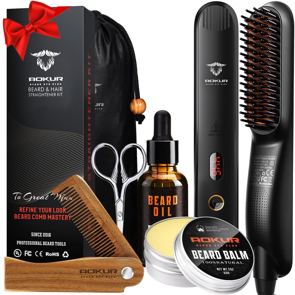 Beard Straightener for Men 5-Temp Heated Brush with Anti-Scald Tech Grooming Kit with Sandalwood Comb, Balm, Oil & Scissors Gifts for Fathers Day, Anniversary & Birthdays