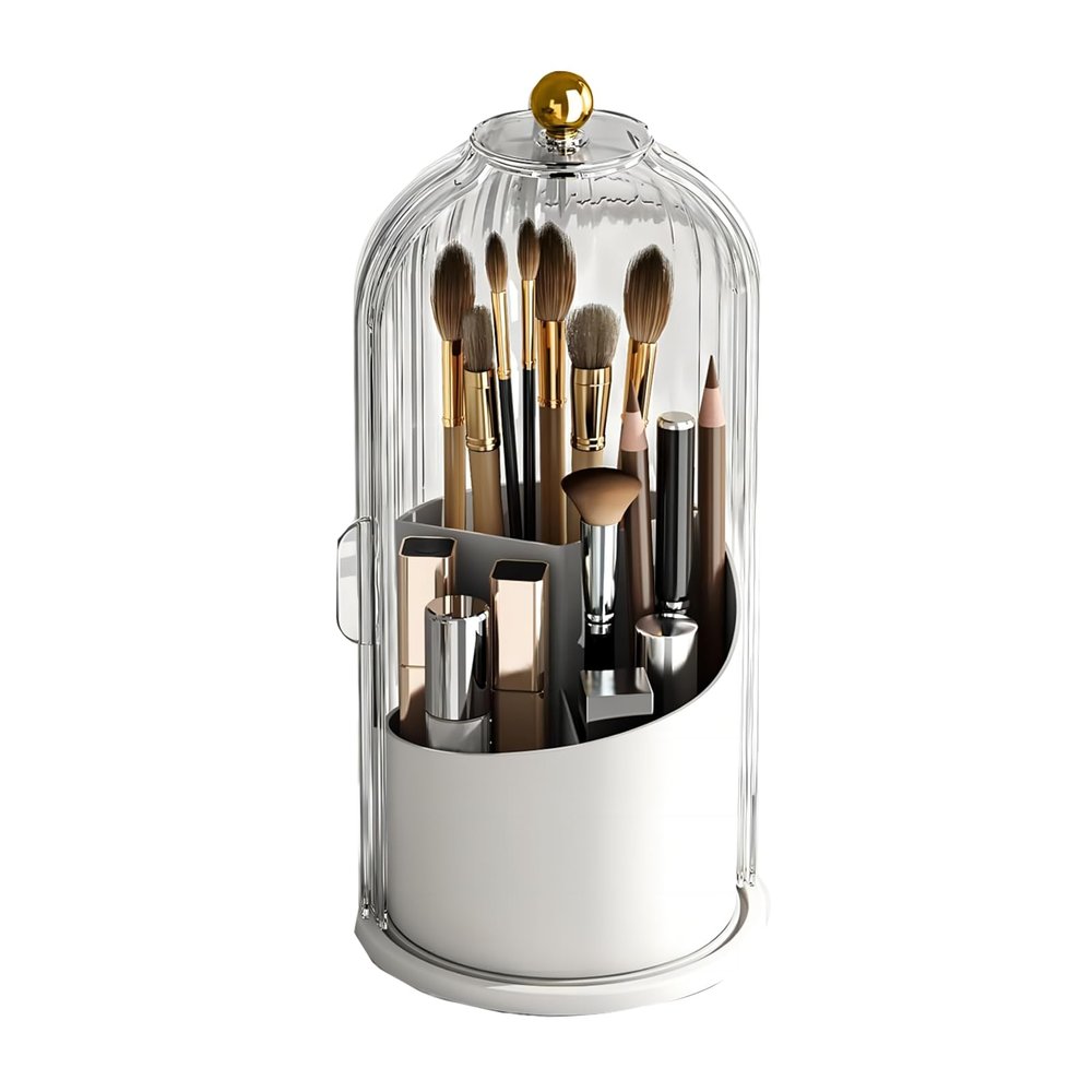 5sssallefaa Makeup Brush Holder Organizer with Lid 360 Rotating Makeup Organizer Countertop Dustproof Cosmetics Organizer for Vanity Bathroom, Transparent (Transparent)