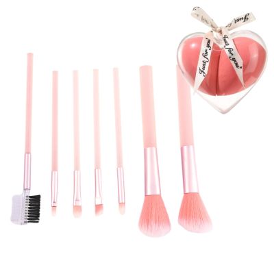 7-Piece Face Makeup Brush Set, Powder Eyeshadow Brush Soft Synthetic Bristles for Face & Eye Makeup with 2 Sponges (Pink)