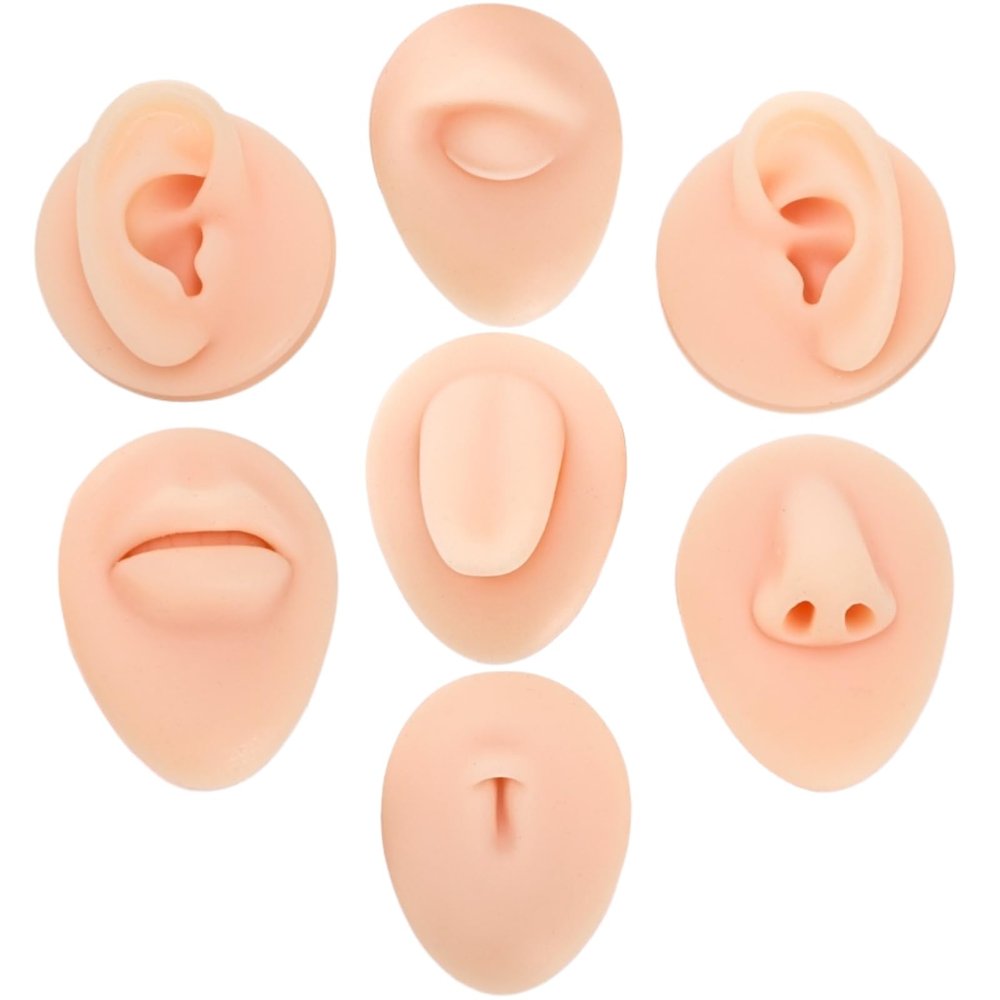 Acshio 7 Pack Silicone Piercing Model, Soft Silicone Flexible Model Body Parts Displays Set, 3D Simulation Body Pierce Tool Kit with Ear Eye Nose Mouth Tongue Navel for Novice Piercer