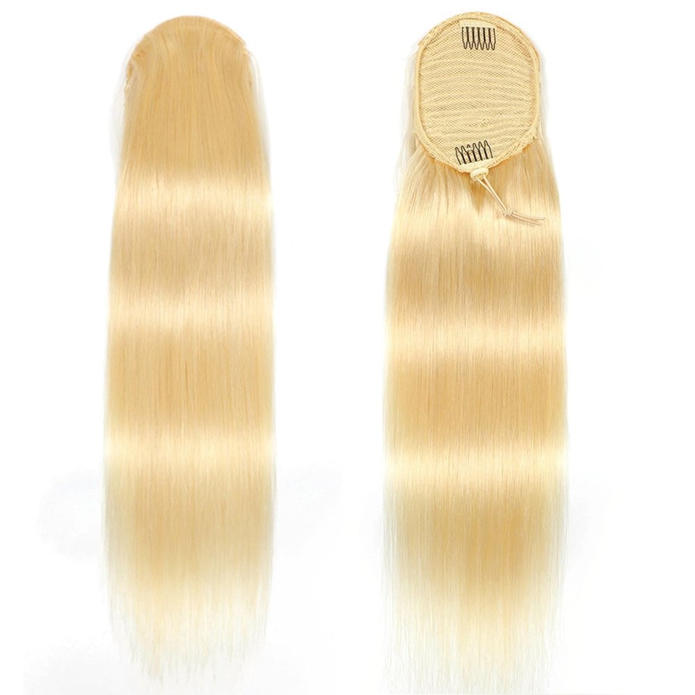 Straight Ponytail Extensions, Drawstring Ponytail Human Hair Wrap Around Extensions for Women Natural Color(#613,20in(50cm))
