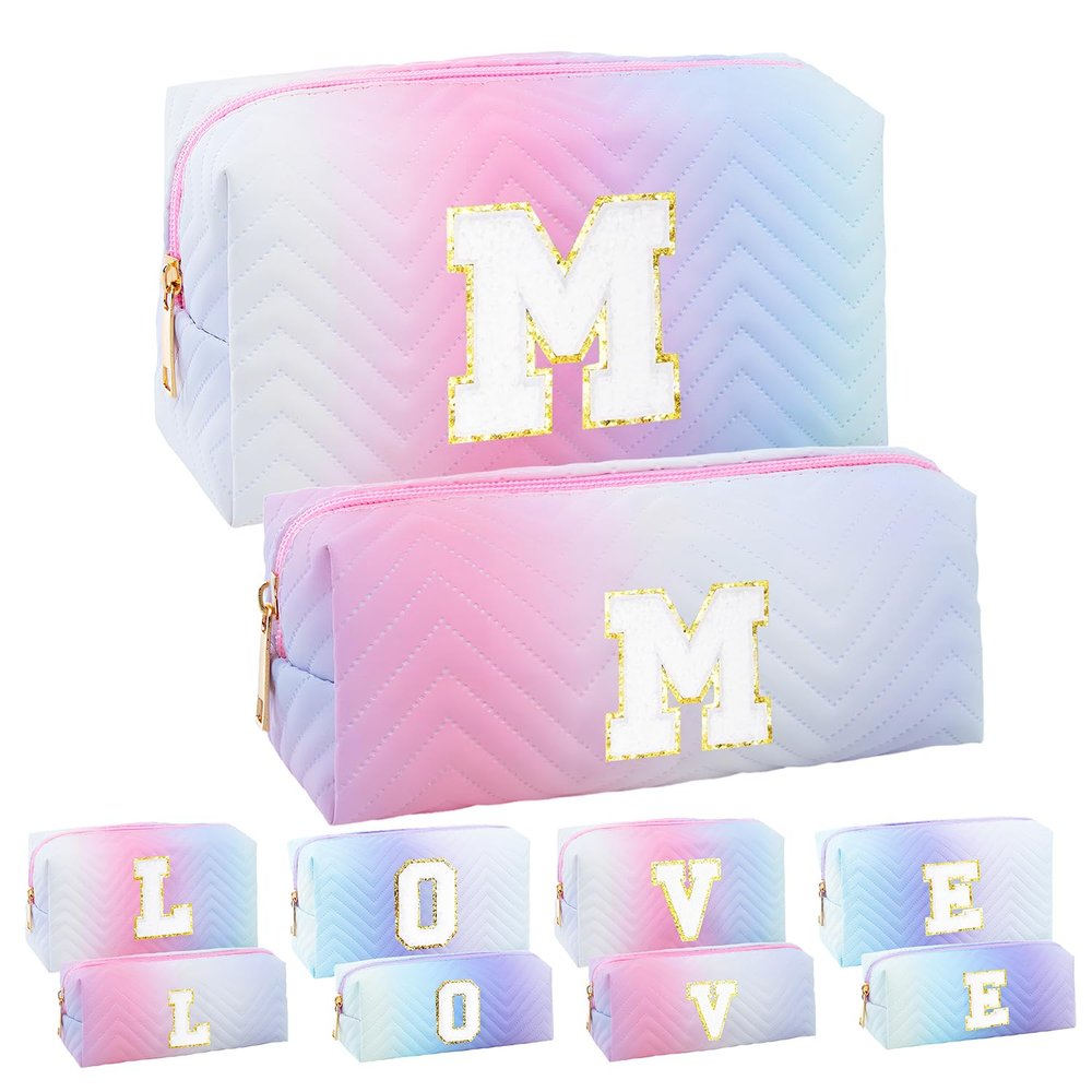 2-Pack Quilted Makeup Bag Set Cute Cosmetic Pouch for Travel, Toiletries, Purse & Organizer Large Small Zipper Makeup Bags, Personalized Initial Gift for Women, Teens, Girls, Pink M