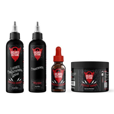 Beard Octane Total Beard Grooming Kit - Beard Wash, Conditioner, Oil & Beard Butter - All Natural Beard Care with Jojoba & Argan Oil (Positive Charge - Sugared Grapefruit, Gingered Peach & Seltzer)