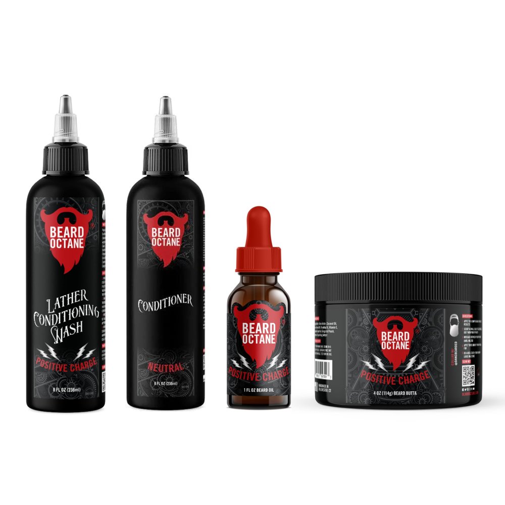 Beard Octane Total Beard Grooming Kit - Beard Wash, Conditioner, Oil & Beard Butter - All Natural Beard Care with Jojoba & Argan Oil (Positive Charge - Sugared Grapefruit, Gingered Peach & Seltzer)