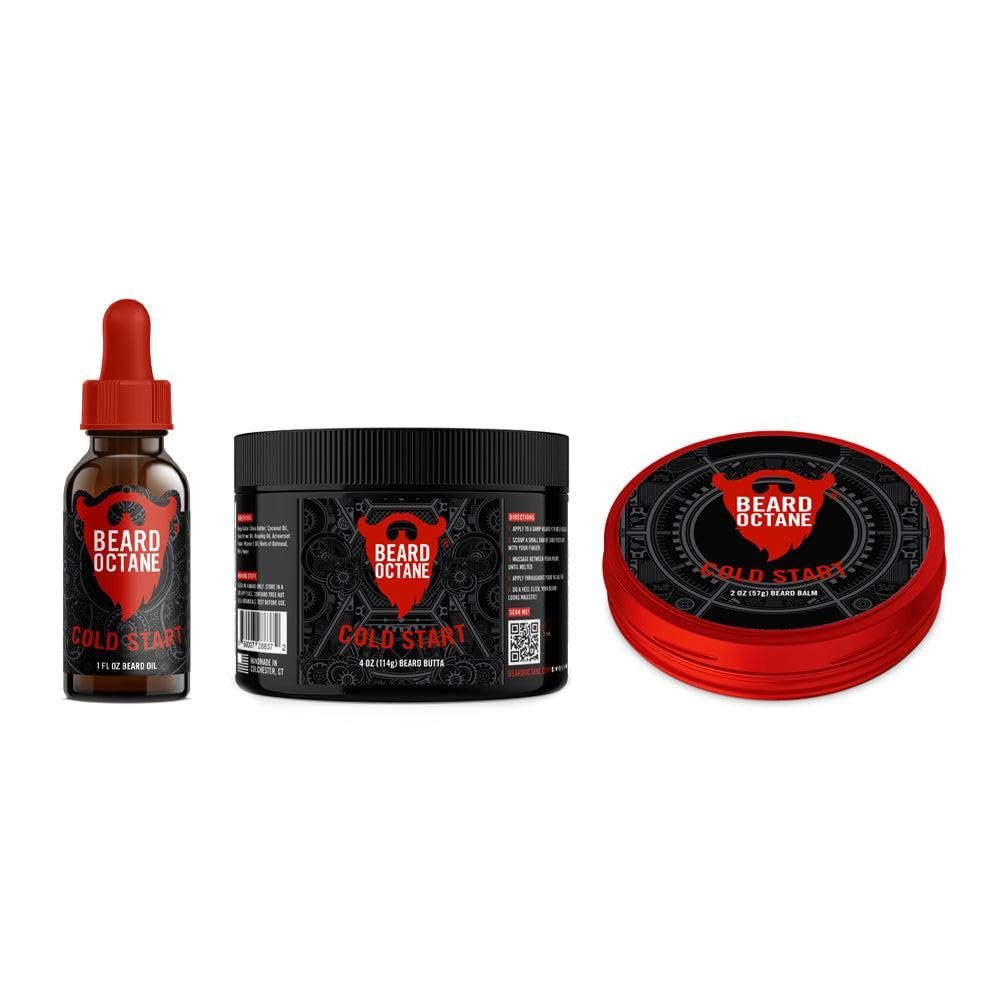 Beard Octane Soften & Style Beard Kit - Beard Oil, Balm & Butter - Natural Beard Care with Jojoba, Argan & Shea (KIT, Cold Start - Brisk Peppermint, Tea Tree & Eucalyptus)