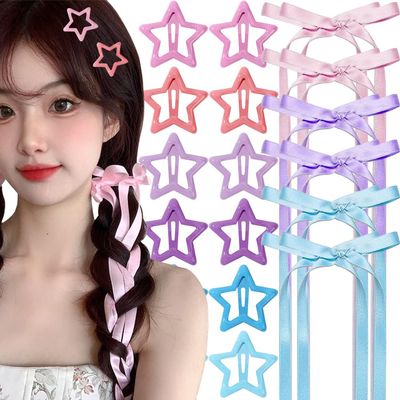 18pcs Pink Blue Purple Hair Clip Set, 6 pcs Ribbon Bow Hairclips 12pcs Star Hair Clips for Women Double Bowknot Star Hairclip Barrettes Girl Bows Braiding Hair Accessories