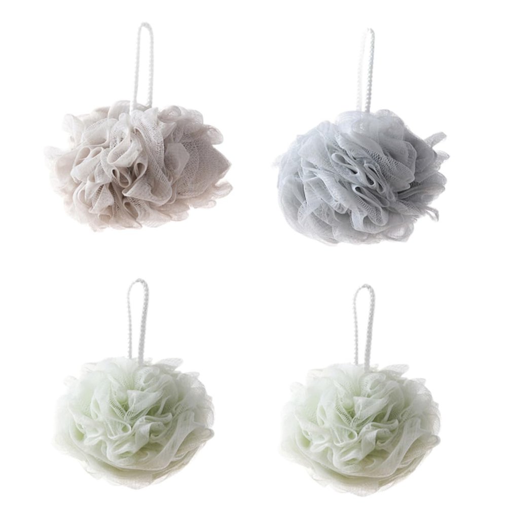 OHPHCALL Set of 4 Bath Balls Shower Scouring Balls Mesh Blue Grey Khaki Soothe Clean Your Skin Hanging Rope