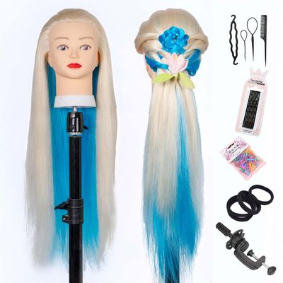 Mannequin Head with Hair, 29'' Doll Head for Hair Styling Training Head Manikin Practice Cosmetology Doll Head Styling Hairdressing Training Braiding Heads with Clamp Holder(White Blue)