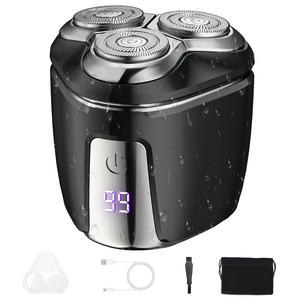Electric Head Hair Shaver for Men-Mini Electric Razor Portable Rotary Shaver Rechargeable Wet/Dry & Bald Head Grooming Kit with Led Display Magnetic Mini Razor for Travel Black