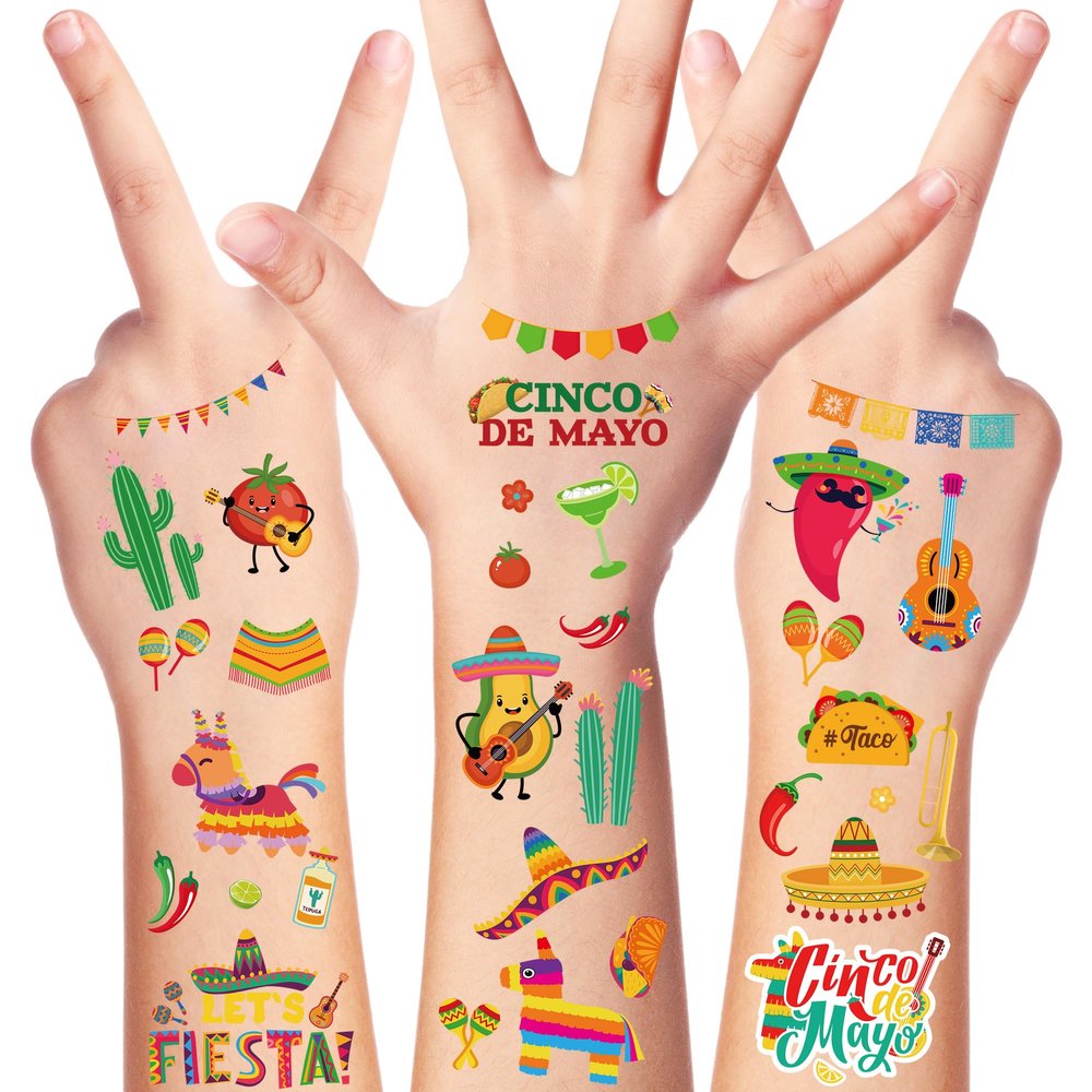 12 Sheets Fiesta Temporary Tattoos, Cinco De Mayo Stickers with Taco Pinata Cactus for Adults, Mexican Fake Tattoos for Cinco De Mayo Party Favors Supplies Accessories