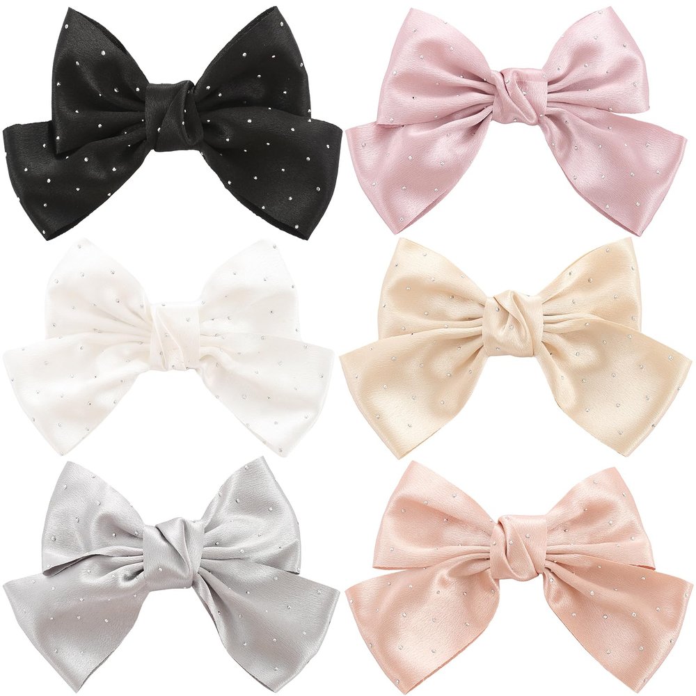 6PCS Large Bow Hair Clips Fashion Hair Bows with Rhinestone Handmade Hair Ribbons Clips French Barrette Bowknot Solid colors Hair Accessories for Women Girls