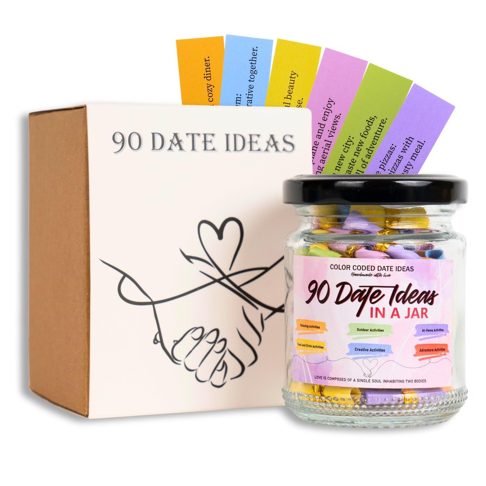 90 Date Ideas In A Jar Date Night Ideas Color Coded Date Ideas Budget-friendly Date Jar Wedding/Anniversary/Bridal Shower/Newlyweds Gifts for Couples, Him, Her, Boyfriend, Girlfriend, Gag Gifts Funny