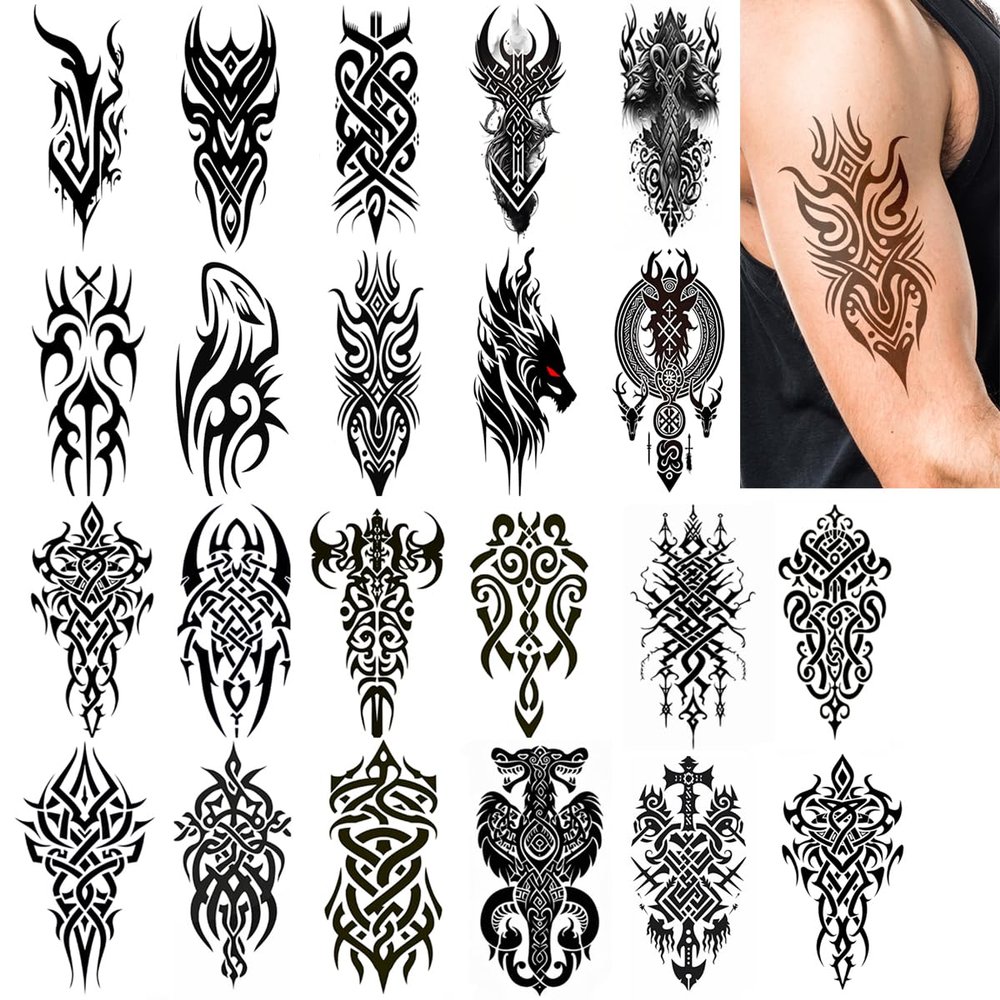 10 Sheets Viking Temporary Tattoos for Adults Men Women, 12 Sheets Large Tribal Cletic Totem Fake Tattoos for Arm Leg Chest