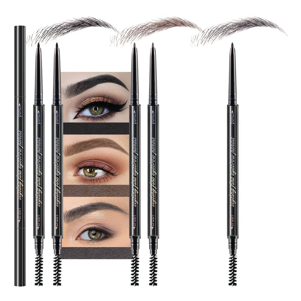 5 Pcs Dual-Sided Auto-rotate Ultra-Fine Tip Eye Brow Pencils Pack,Draws Tiny Precise Brow Makeup, Defines, Fills Brows, Shapes, Contours, Combs, 1mm Pen Point (2*Black+2*Tea+Gray)