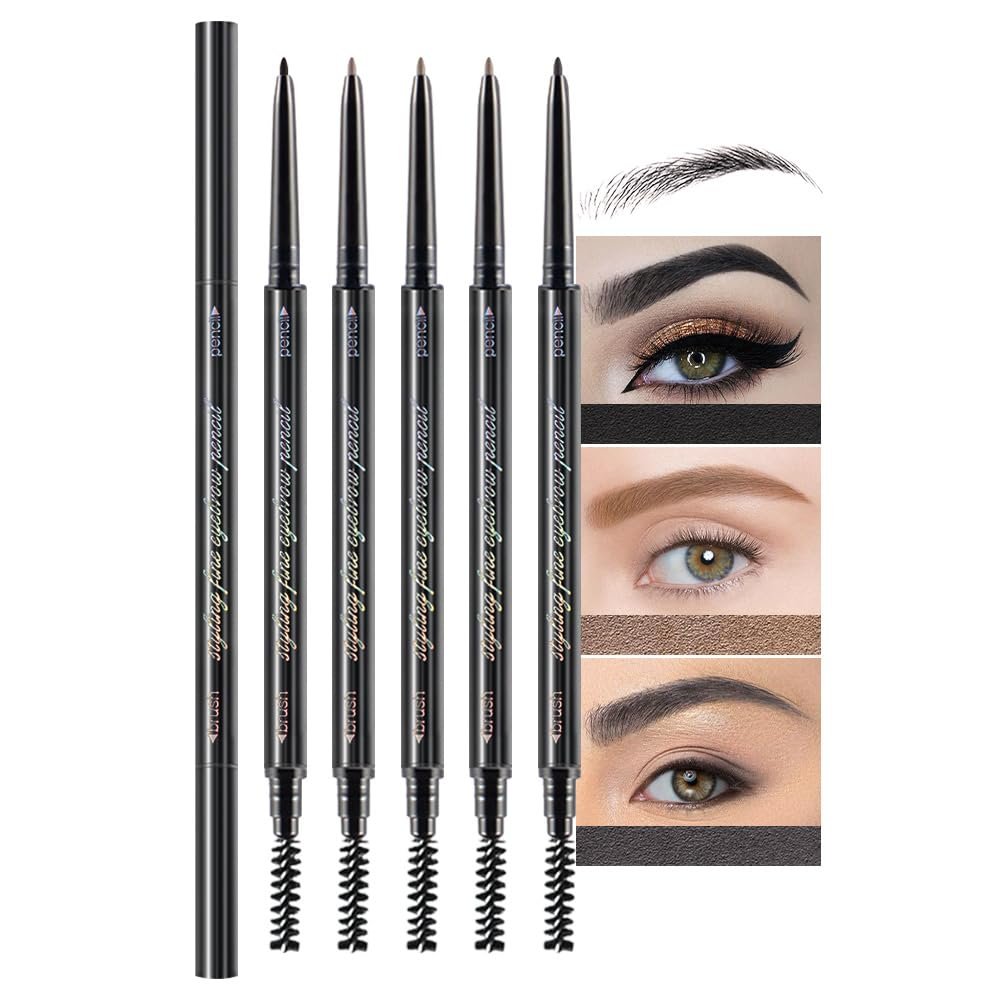 5 Pcs Dual-Sided Auto-rotate Ultra-Fine Tip Eye Brow Pencils Pack,Draws Tiny Precise Brow Makeup, Defines, Fills Brows, Shapes, Contours, Combs, 1mm Pen Point (Black+3*Dark Brown+Gray)