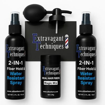 Extravagant Techniques Hair Fiber Kit, Real Hair Fibers with 2-in-1 fiber hold & water resistant spray,2-4 fl oz Bottles, Black