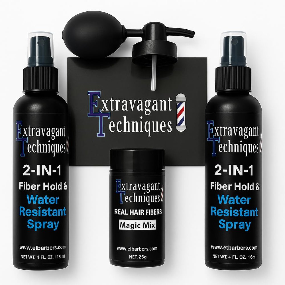 Extravagant Techniques Hair Fiber Kit, Real Hair Fibers with 2-in-1 fiber hold & water resistant spray,2-4 fl oz Bottles, Black