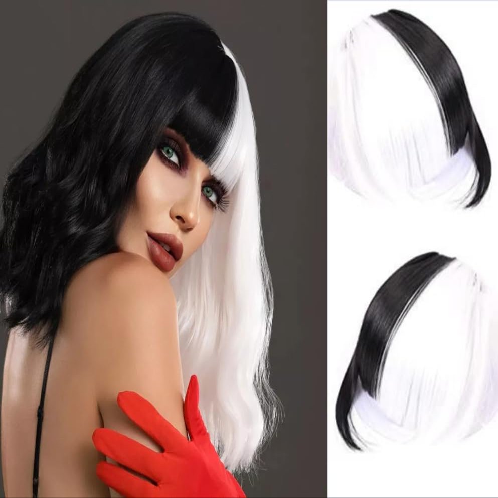 Clip-in Hair Bangs |Invisible Clips|Airy French Wispy Bangs with Temple Coverage|Curved Thin Hair for Women|Easy to Style&Blend|Daily Wear Party Wedding (Black and white, Frenck bang)