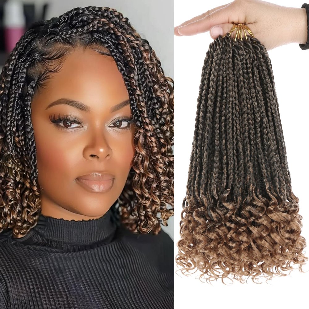 10 Inch Goddess Box Braids Crochet Hair with Curly Ends 8 Packs Pre-looped 3X Goddess Braids Hair Extensions Synthetic Boho Box Braiding Hair for Women (15Strands/pack T27#)