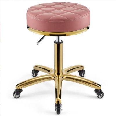 360 rolling rotation salon stool,round leather cushion beauty chair 330 Lbs load heavy hydraulic stool,lifting wheel and gold stainless steel base,for spa work office massage nail tattoo work chair