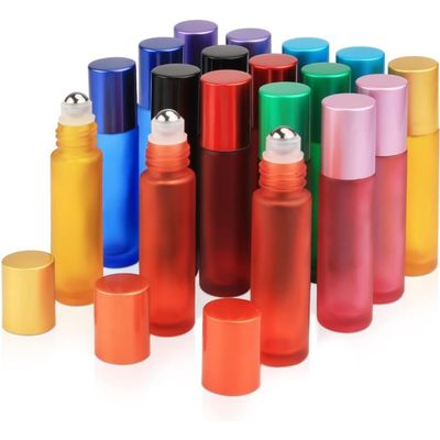 CANRUSU 50PCS 5ml/10ml Portable Frosted Glass Essential Oil Roller Bottles Mini Refillable Roll on Vials W/Opener Funnels Multicolor Travel Refillable Via For Perfume Aromatherapy (red,10ml)