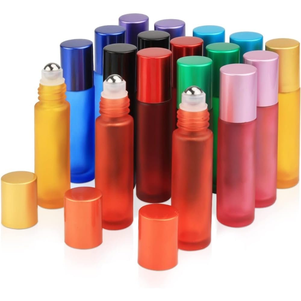 CANRUSU 50PCS 5ml/10ml Portable Frosted Glass Essential Oil Roller Bottles Mini Refillable Roll on Vials W/Opener Funnels Multicolor Travel Refillable Via For Perfume Aromatherapy (red,10ml)