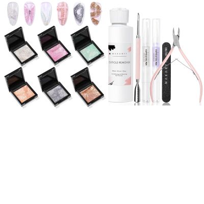 Makartt Nail Art Kit - No Wipe 3D UV Gel, Cuticle Remover & Tools, 6 Color Fairy Aurora Powder Gel Set
