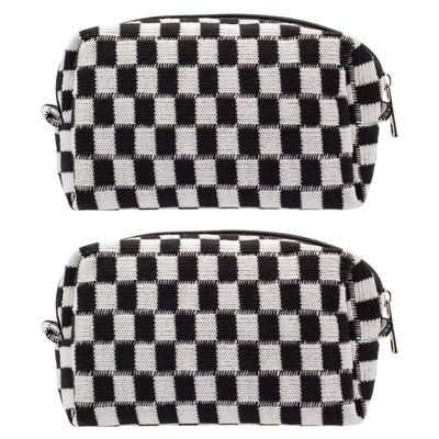 PAZIMIIK Checkered Makeup Bag for Purse Portable Zipper Make Up Pouch Small Cosmetic Case for Travel Accessories (2PCS Black)