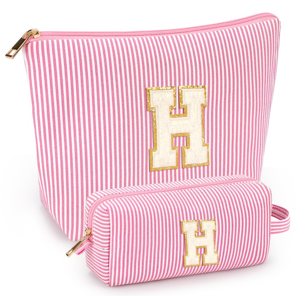 2 PCS Initial Makeup Bags for Women: Cosmetic Bag for Travel Toiletry - Birthday Gifts for 11 12 13 14 15 16 17 18 Years Old Girl Graduation Teacher Gift- Teen Girl Gifts Trendy Stuff - Pink H