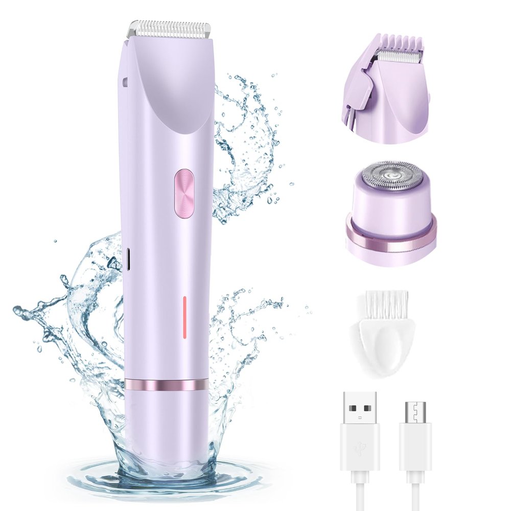 XieJY Women's Body Shaver, 2 in 1 Head Bikini Trimmer Rechargeable Eletctric Shaver for Women IPX7 Waterproof Wet and Dry Hair Trimmer for Facial Face Lip Chin Underarm Legs (Purple)