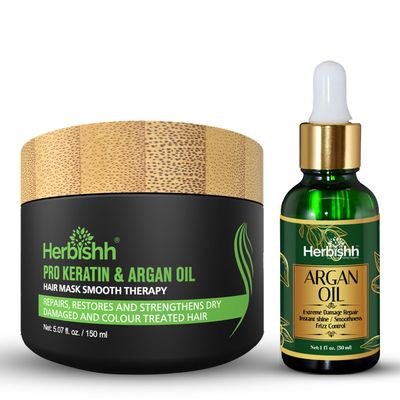 Herbishh Argan Oil & Hair Mask Combo For Deep Conditioning Treatment  Argan Oil for Hair Repair & Frizz Control (30ml) & Argan Hair Mask for Hydration (150ml), Sulfate & Paraben Free