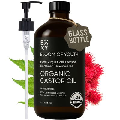 100% Pure Cold Pressed Organic Castor Oil, Glass Bottle 16oz | Hexane Free, Unrefined, USDA Certified | For Hair Growth, Skincare, Castor Oil Pack, Face, Joints, Carrier Oil, Eyelashes, Eyebrows