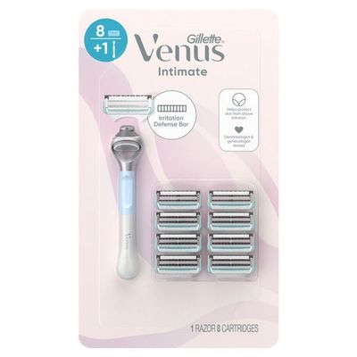 Gillette Venus Intimate Grooming Razors for Women, Bikini Razors for Women, 1 Venus Razor Bikini Trimmer, 8 Razor Blade Refills, Pink, (Package May Vary)
