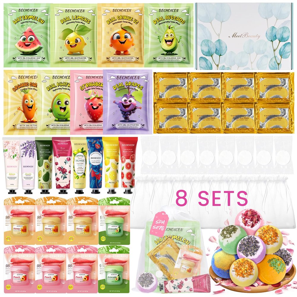 56Pcs Spa Party Supplies Set,Including 8 Spa Kits with Facial Masks Eye Patches Hand Cream Lip Balm Foot Bath Bombs,Ideal Gift for Sleepover,Spa Day,Slumber & Birthday Party Favors