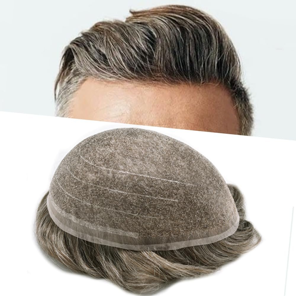 PUNRU HAIR Men Hairpiece Toupee For Men Fine Welded Mono Men's Toupee Human Hair Replacement Systems For Men Hair Prosthesis 8X10 Inches 100% light to medium density#450 4# MEDIUM BROWN+50% GREY