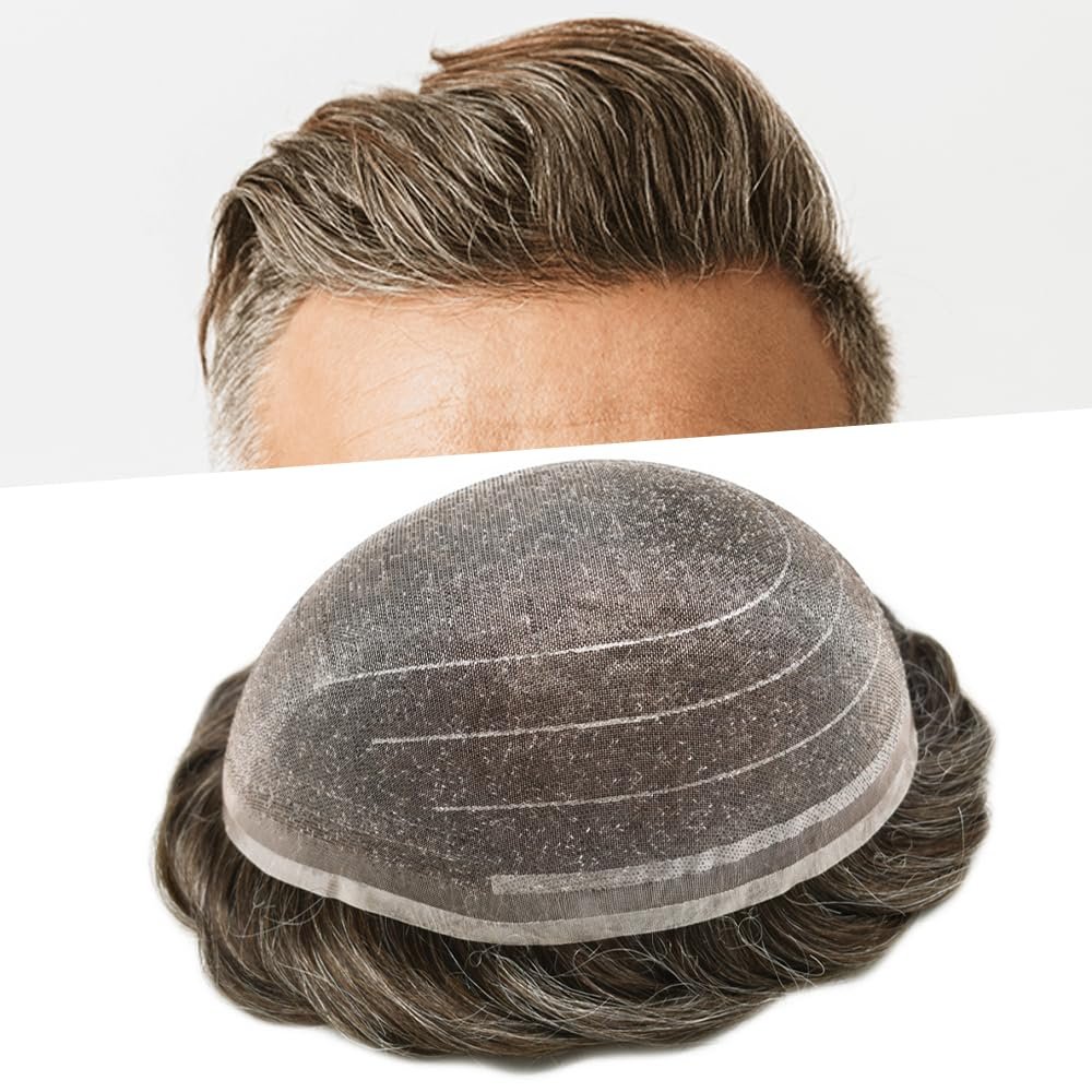 PUNRU HAIR Men Hairpiece Toupee For Men Fine Welded Mono Men's Toupee Human Hair Replacement Systems For Men Hair Prosthesis 8X10 Inches 100% light to medium density#430 4# MEDIUM BROWN+30% GREY