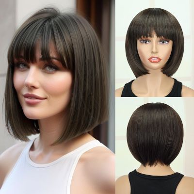 Luxclipse Brown Bob Wigs Human Hair Bangs Short Straight Glueless Highlight Blonde Daily Party Lightweight Natural Looking Breathable Capless (Brown,12 Inch)