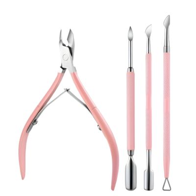 4pcs Cuticle Nipper Set  Stainless Steel Nail Trimmer Kit with Ingrown Toenail Remover, Cuticle Pusher, Polish Scraper, Manicure Pedicure Tools for Home & Salon, Anti-Rust, Ergonomic Grip (Pink)