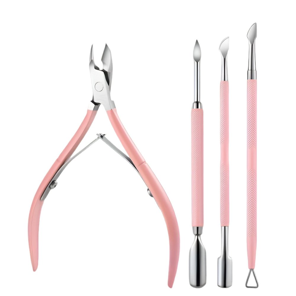 4pcs Cuticle Nipper Set  Stainless Steel Nail Trimmer Kit with Ingrown Toenail Remover, Cuticle Pusher, Polish Scraper, Manicure Pedicure Tools for Home & Salon, Anti-Rust, Ergonomic Grip (Pink)