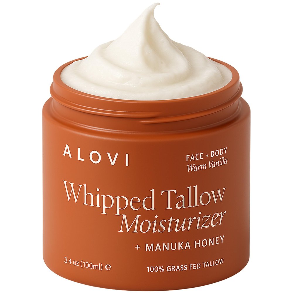 ALOVI Whipped Tallow Moisturizer 100% Grass-Fed Beef Tallow for Face & Body Infused with Manuka Honey, Calendula & Almond Oil Warm Vanilla Scent