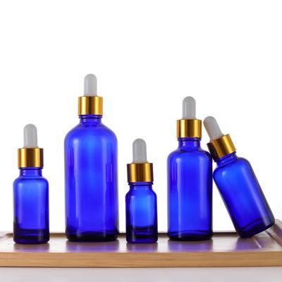 CANRUSU 30pcs Empty Glass Dropper Bottles for Essential Oils Perfume Container with Pipette Cosmetic Liquids Tincture Bottles Leak Proof Travel Bottles 5ml-100ml (15ml,Blue-gold lids)