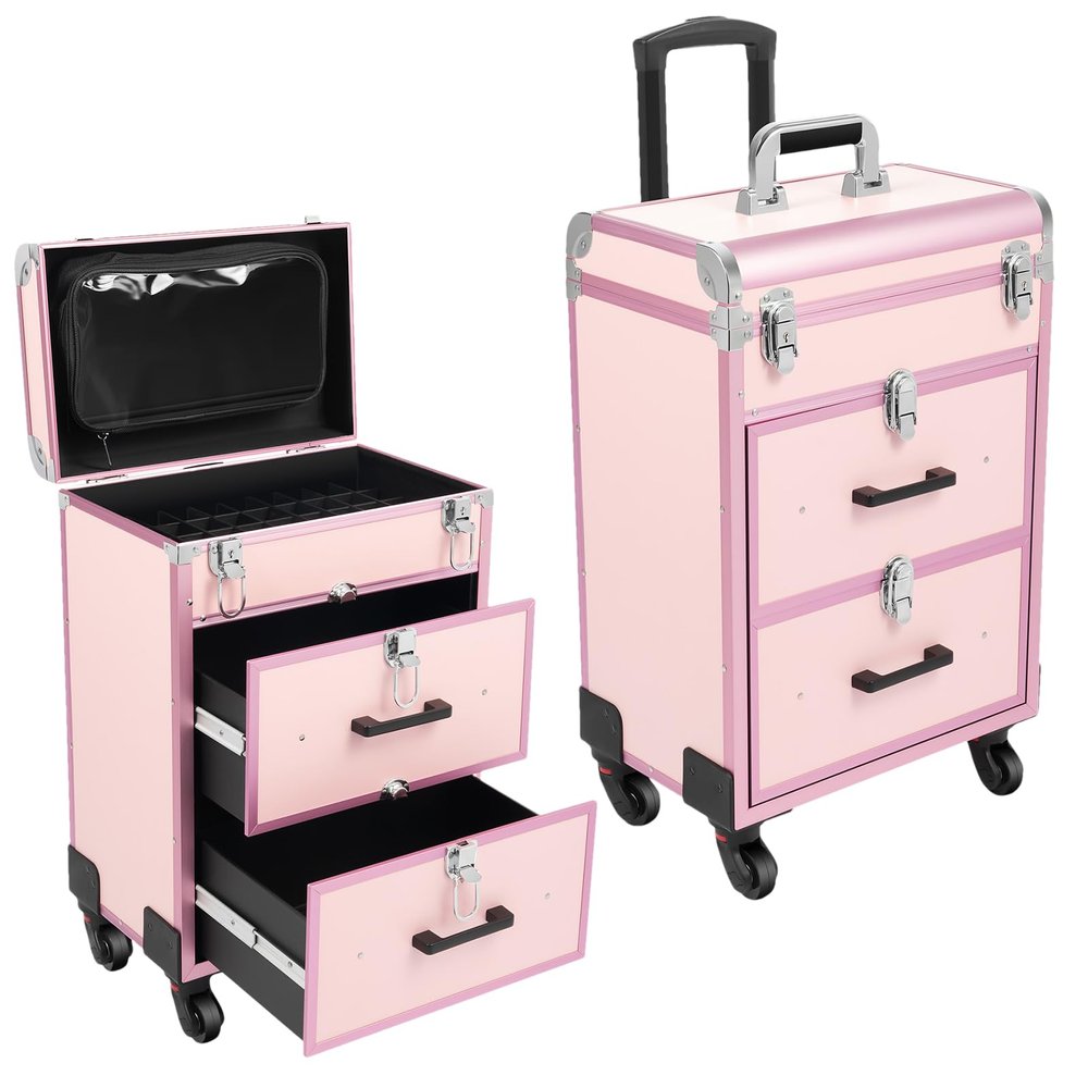 3 in 1 Professional Makeup Rolling Train Case with 2 Drawers Make-up Traveling Case Trolley on Wheels Al-alloy Cosmetic Organizer Salon Cart with Locks for On The Go Makeup/Nail Art/Hair Styling