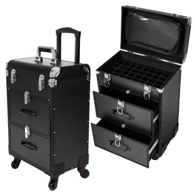 TREMENPOW Rolling Makeup Train Case 3 in 1 Portable Large Storage Cosmetic Travel Trolley 2 Drawer Nail Case Cart Trunk with Keys Swivel Wheels for Make-up Artist, Hairstylists, Nail Tech Make up