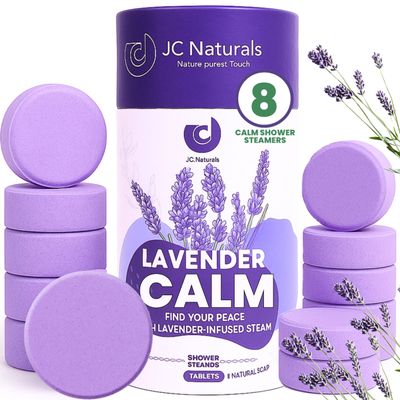 JC Naturals Extra Large Lavender Shower Steamers 8-Pack XL Aromatherapy Tablets for Relaxation & Stress Relief | Large Long-Lasting Shower Bombs with Natural Essential Oils for Self-Care & Sleep